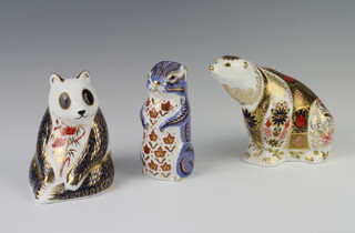 A Royal Crown Derby Imari Pattern paperweight of a polar bear with silver stopper 13cm, ditto seated panda with silver stopper 11cm and a squirrel 9.5cm (second) 