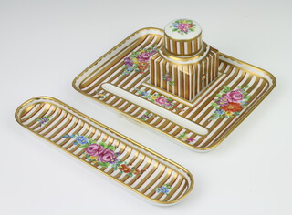A Dresden rounded rectangular inkstand with inkwell and pen tray decorated with spring flowers 