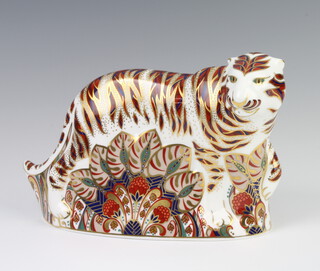 A Royal Crown Derby Imari pattern paperweight bengal tiger with silver stopper 14cm 