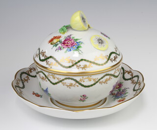 A Dresden bowl, cover and stand decorated with spring flowers and lemon finial 