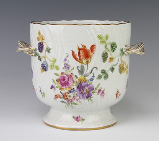 A Dresden twin handled jardiniere decorated with grapes and flowers and with rustic handles 19cm 