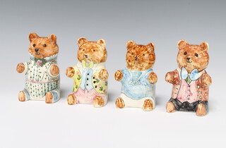 Four Rye Cinque Port Pottery figures of seated dressed bears 12cm 