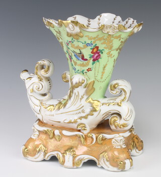 A modern Meissen cornucopia vase decorated with birds amongst flowers raised on a rococo base 27cm 