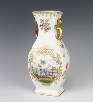 A modern Dresden flattened baluster vase decorated with panels of Chinese figures in landscapes with dragon handles and spring flowers 30cm 