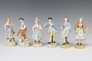 A pair of modern Dresden figures of a lady and gentleman, gentleman carrying a coffee pot, the lady a box, 15cm and 4 other modern Dresden figures 
