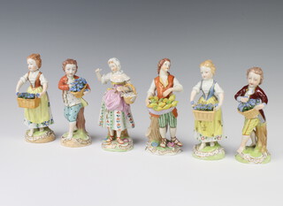 A pair of modern Dresden figures of flowers sellers raised on rococo bases 14cm, 2 other pairs 