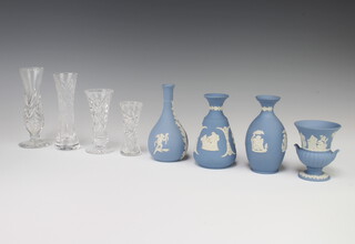 A Wedgwood blue Jasperware vase 8cm, 3 others and 4 cut glass flower vases 