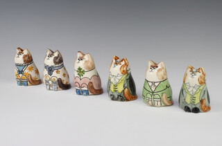Six Rye Pottery figures of dressed cats with painted eyes 8cm 