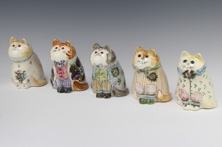 Five Rye Cinque Port Pottery figures of dressed cats with glass eyes 12cm  