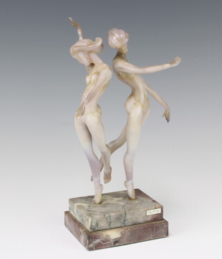An Istvan Komaromy colour glass group of 2 naked ladies raised on a stepped marble base 26cm 