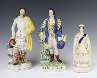 A Victorian Staffordshire figure - Robt Burns 32cm, ditto of a young Queen Victoria 23cm and a Scotsman 33cm 