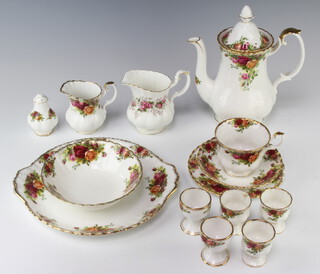 A Royal Albert Old Country Roses part coffee set comprising 2 coffee pots, 5 tea cups, 10 saucers, cream jug, 7 mixed egg cups, 3 lids, 2 small plates, sandwich plate, two 2 tier cake stands, 2 dessert bowls and a pepper 