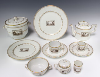 An extensive Richard Ginori tea, coffee and dinner service with gilt and blue borders enclosing landscape panels, comprising 26 coffee cans, 12 chocolate cups and covers, 18 tea cups with angular handles, 5 tea cups with round handles, 2 sugar bowls with lids, pepper grinder, a cigarette lighter, cream jug, milk jug, 3 shaped dishes, 1 small dish, 22 shallow dishes, 21 small plates,18 medium plates, 8 dinner plates, 5 small plates, 25 deep saucers, 2 sauce boats, 1 meat plate, 2 oval vegetable dishes, a tureen lid, an ice bucket and lid, 2 coffee pots, 20 soup bowls, a toothpick holder, a ladle, 8 plain saucers, 12 decorated saucers 3 shaped dishes together with a teapot with restored spout, 5 dinner plates (chipped), a small dish (chipped) and 2 side plates (chipped) 