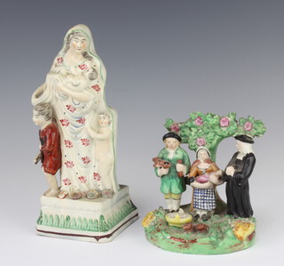 A 19th Century creamware figure of Mary, Christ and 2 attendants, raised on a stepped base with stylised leaves 22cm (restored) together with a 19th Century group beneath a tree 13cm (chipped)