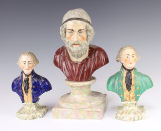 A 19th Century Staffordshire portrait bust of a classical gentleman raised on a turned socle 30cm, a bust of George Washington 20cm and 1 other of a gentleman 20cm 