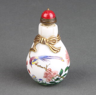 A Chinese famille rose baluster snuff bottle and stopper decorated bird among flowers blue character mark to base 6cm