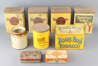 A Boars head tobacco tin 15cm x 21cm x 15cm, 4 Rowntree coffee tins, a Lyon's Old Holborn tin, a Pacall whole buttered brazil tin, 1 other and a small crock 