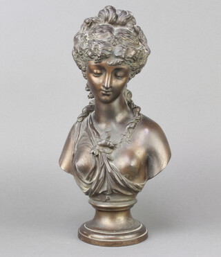 A spelter portrait bust of a girl raised on a socle base 31cm 