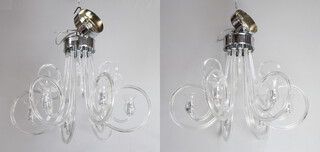 A pair of 6 light chrome and glass chandeliers 80cm h x 60cm diam.  