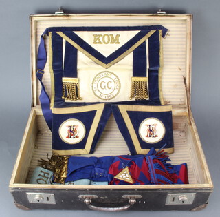 A quantity of various Buffalo regalia comprising apron, sash and gauntlets for Knight of The Order of Merit St Dunstan's Lodge no.1820, sash of the Roll of Honour Runnymede Lodge no.993 and a Royal Arch sash, all contained in a carrying case