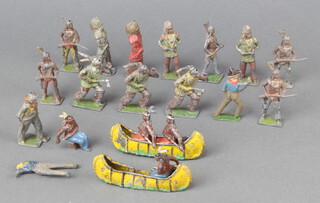 A collection of 18 various Taylor and Barrett and Britains Wild West figures including 2 rare canoes with seated Native Americans 