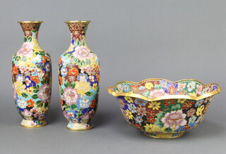 A pair of champleve enamelled floral patterned club shaped vases 27cm and a ditto bowl 26cm 