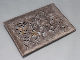 A Japanese pierced and carved hardwood rectangular tray carved butterflies amidst chrysanthemums 43cm h x 61cm w  