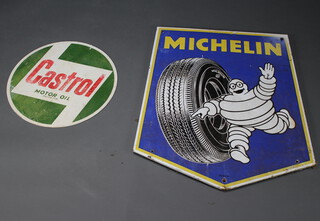 A Michelin blue and white enamelled shield shaped sign marked 36/64/15 37cm x 58cm, together with a circular Castrol Motor Oil sign 46cm  