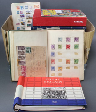A Stanley Gibbons Special GB stamp album, 4 albums of world stamps including GB, Ceylon, Colonies, 5 stock books of used stamps - British Empire and world, 2 albums of first day covers and other stamps contained in a cardboard box 
