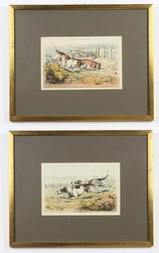 Henry Alken 1824, coloured etchings "Hound and Fox" and "Fox Hounds" 15cm x 22cm 