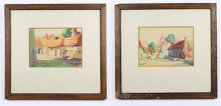 Early 20th Century watercolours a pair, unsigned, stylish village scenes with figures 16cm x 22cm 