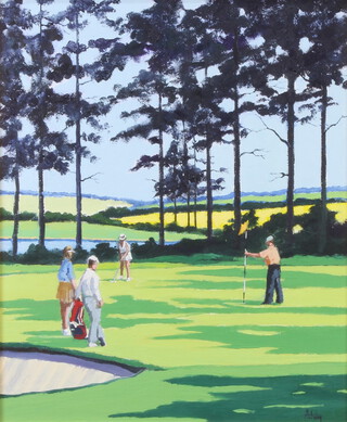 Alan King (1946-2013), oil on board signed, golf study "Shadows on the Green, Cornish Memories" dated, labelled to the reverse 1996 29cm x 24cm 
