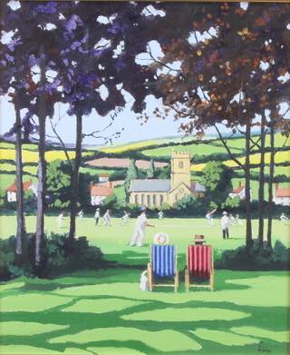Alan King (1946-2013), oil on board signed "Village Cricket, Memories of Rushford Devon" dated 1996, labelled to the reverse 29cm x 24cm  