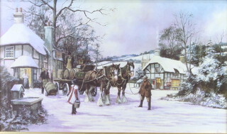 Alan King (1946-2013), print, "Winter Delivery" winter village scene, 19cm x 34cm 