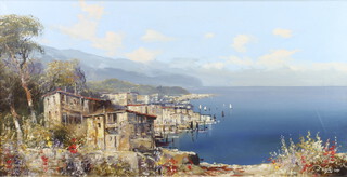Josef Kugler, oil on canvas signed, Continental coastal scene with boats and buildings 39cm x 79cm 