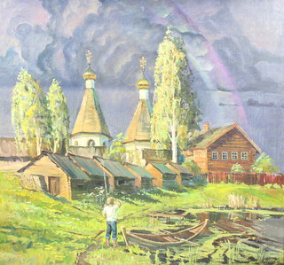 20th Century Russian, oil on canvas indistinctly signed, a young man before farm buildings with distant rainbow 80cm x 87cm 