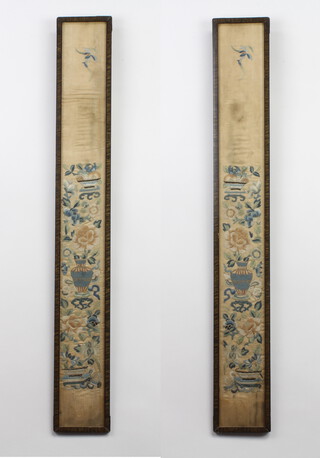 A pair of 19th Century Chinese silk work embroideries of vases of flowers 86cm x 9cm 