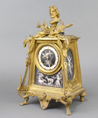 Japy Freres, a French 19th Century 8 day striking mantel clock contained in a gilt ormolu case with porcelain panels depicting the arts and music surmounted by a classical bust with trophy, the back plate marked 40078, complete with pendulum (bell is missing) 