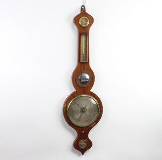 A 19th Century mercury wheel barometer and thermometer, the brassed dial damp/dry indicator and thermometer fitted a mirror above silvered dial and silvered spirit level, contained in an inlaid mahogany wheel case 