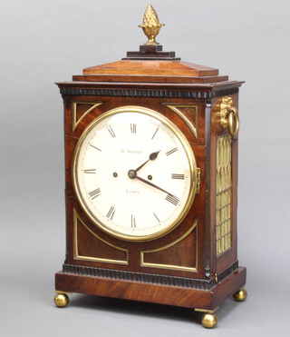 McMaster, a Regency 8 day striking double fusee bracket clock striking on a bell, the 19 1/2" painted dial marked McMaster London with 12cm plain brass back plate, contained in a mahogany case surmounted by a gilt metal pineapple and with ring drop handles to the sides 50cm h x 27cm w x 16cm d, complete with key and pendulum