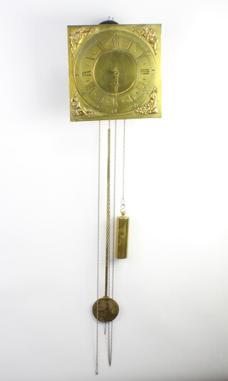 An 18th Century Continental striking wall clock with 31cm square brass dial, Roman numerals, spandrels depicting labourers  