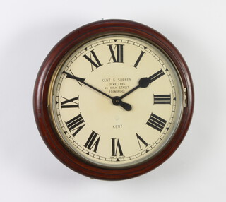 A fusee clock case, the 29cm circular painted dial marked Kent and Surrey Jewellers, 43 High Street, Edenbridge Kent with spun brass bezel, movement has been removed and replaced with a quartz movement