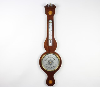Rapport of London, an aneroid barometer and thermometer with silvered dial contained in an inlaid mahogany wheel case 