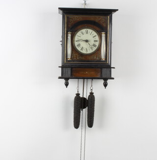 A Continental striking hanging wall clock with 10cm paper dial, Roman numerals, contained in a painted pine case complete with pendulum (no weights) 