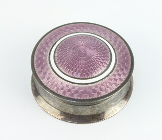 A George V circular silver and guilloche enamel pill box Birmingham 1911, 5cm, 30 grams