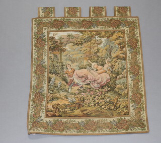 A machine made tapestry panel depicting girl on a swing 90cm x 80cm 