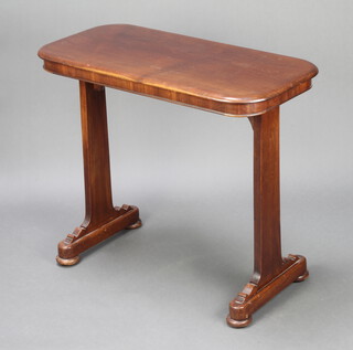 A Victorian rectangular mahogany side table raised on standard end supports, bun feet, 70cm h x 84cm w x 40cm d 