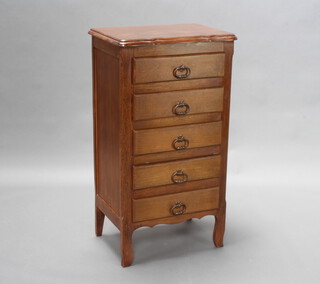 A Continental oak pedestal chest of 5 drawers with iron drop handles, serpentine outline, raised on shaped supports 95cm h x 53cm w x 36cm d  