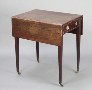 A Georgian mahogany Pembroke table fitted a drawer, raised on square tapered supports, brass caps and casters 72cm h x 69cm w x 49cm d 