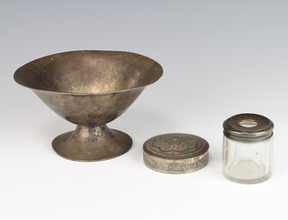 A Sterling silver pedestal bowl 220 grams, 16cm, a mounted hair tidy and a circular box 